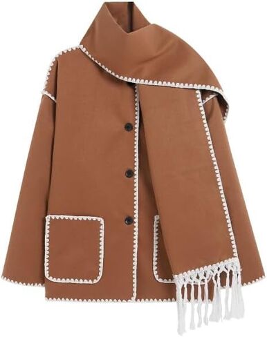 معطف نسائي من الصوف وشاح شرابة مكون من قطعتين فضفاض بأزرار مفتوحة من الأعلى ومعطف من الصوف in Kuwait