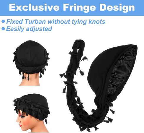 عمامة للرجال مبطنة بالساتان، غطاء للرأس Durag مربوط مسبقًا بشراشيب، قبعة صغيرة كلاسيكية ملتوية مع شرابة مبطنة بالساتان، قبعة نوم عمامة هالة سوداء in Kuwait