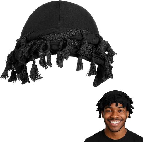 عمامة للرجال مبطنة بالساتان، غطاء للرأس Durag مربوط مسبقًا بشراشيب، قبعة صغيرة كلاسيكية ملتوية مع شرابة مبطنة بالساتان، قبعة نوم عمامة هالة سوداء in Kuwait