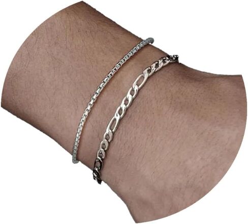 Tasiso الفضة الطبقات سلسلة أساور للرجال، حجم 7 "/ 7.5" / 8 "الفضة حبل فيجارو الرجال سوار مجموعة الرجال المجوهرات هدايا للأب صديقها الزوج in Kuwait