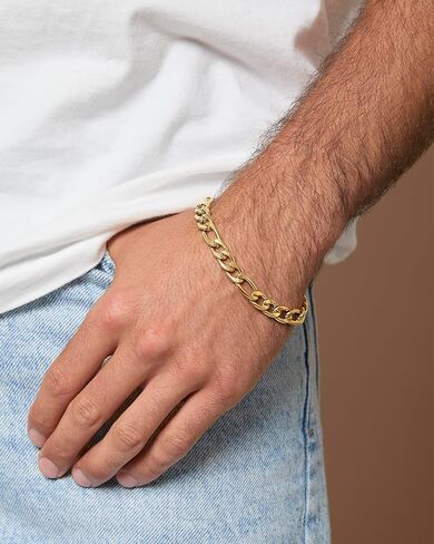سوار من الفولاذ المقاوم للصدأ للرجال من Lucky Brand مقاس 8.5 بوصة، سوار سلسلة فيجارو مطلي بالذهب للرجال in Saudi Arabia