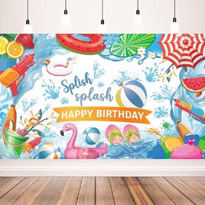 Summer Birthday Party Decorations, Splish Splash Happy Birthday Pool Party Banner, Pool Party Banner for Kids Birthday, 71 x 43 Inches