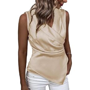 Apvirdy Tank Top for Women Satin Wrap V Neck Ruched Blouse Shirts Solid Color Stretch Tank Tops with Asymmetric Hem