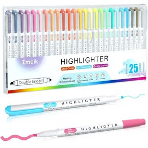 Double Ended Highlighters with Soft Chisel Tip, 25-Pack Quick Dry Assorted Colors Highlighters, Pastel Highlighters Set for School/Office Journaling, Bible Assorted Colors