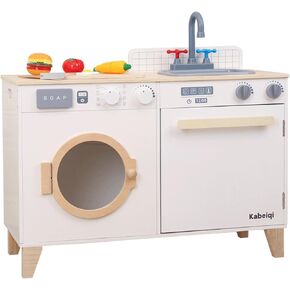 Kids Play Kitchen - Wooden Multi-Function Washing Machine for Kids Kitchen Playset - Pretend Toddlers' Kitchen Toy Washer with Accessories - Perfect Baby Gift for Ages 3-8