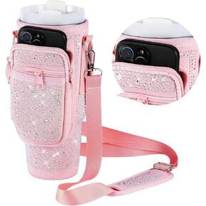 حقيبة حمل زجاجات المياه من جريسورس بلينج لكأس ستانلي 30 أونصة 40 أونصة، حقيبة حامل زجاجة مياه مع حزام كتف قابل للتعديل، جيب للهاتف وغطاء من القش لملحقات كأس ستانلي (وردي) in Kuwait