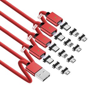 ZBF Magnetic Charging Cable 3A Fast Charging (4-Pack, 3.3/3.3/6.6/6.6 ft) 3 in 1 Magnetic Phone Charger with LED Light, 480Mbps Data Transfer, for Lightning/USB-C/Micro USB Device - Silver