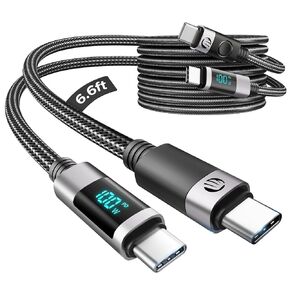 ORICO USB C to USB C Cable with LED Display, PD100W USB C Display Cable Fast Charging, 2 Pack 6.6ft Nylon Braided Type C Cable Compatible with iPhone 15/Pro/Plus/Pro Max, MacBook, iPad Pro/Air