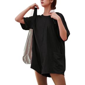 AmorLee Tshirts Rompers for Women Casual Short Sleeve Back V Neck Oversized Pocket Shorts Overall Romper Cute Jumpsuits