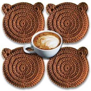 XGiGiX Cute Bear Crochet Designer Handmade Coasters Set- 4 Pack, for All Drinks, Vases, Glass. Updated Great Housewarming Gift Idea. Ins Style absorbent suit for coffee hot tea cold drink.