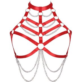 Women Plus Size Body Chain Punk Gothic Harness Bra Tops Cage Hollow Out Halter Belt Halloween Rave Clothing (Red)