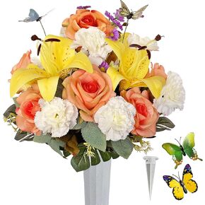 Saxili Silk Artificial Cemetery Flowers - Vivid Spring Grave Flower - Outdoor Headstone Flower Decorations - Lily Rose Carnations