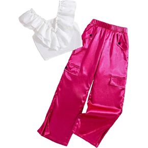 Floerns Girl's 2 Piece Outfit V Neck Blouse Top with Flap Pocket Pants Set