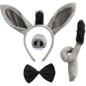 4Pcs Donkey Costume Accessories Set Donkey Ears Headband Nose Tail Bow Tie Halloween Cosplay Animal Dress up Kit