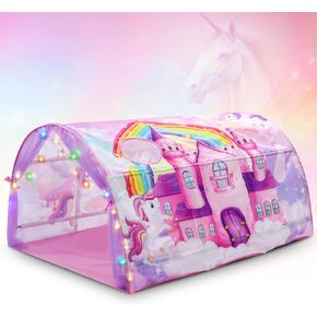 Wowangce Unicorn Bed Tent for Kids Large Princess Bed Tent Twin for Toddler Girl, Unicorn Princess Playhouse Foldable Sleeping Tent with Colorful Star String Lights Carry Bag for Indoor Kid Gift
