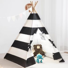 Teepee Tent for Kids, xiaowantong Kids Teepee Tent with Lights, Carry Bag, Natural Cotton Canvas Toddler Play Tent Indoor, Washable Foldable Teepee Tent for Girls & Boys Outdoor (Stripe Black)