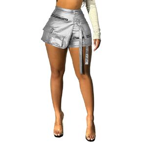 ZJFZML Women's Metallic Cargo Skorts Y2K High Waist Asymmetrical Bodycon Mini Skorts Clubwear