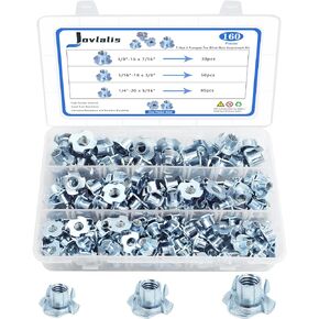 T Nuts 1/4"-20, 5/16"-18, 3/8"-16, Jovlalis 160pcs Zinc Plated Steel T-Nut 4 Pronged Tee Blind Nuts Threaded Insert Assortment Kit for Wood, Rock Climbing Holds, Cabinetry, Furniture