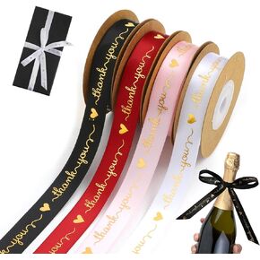 VIDELLY 4 Rolls 4 Colors Thank You Ribbons for Gift Wrapping, 3/5'' x 40 Yards Polyester Satin Ribbon for Flower Bouquet Birthday Wedding Thank You Party Gift Decorations