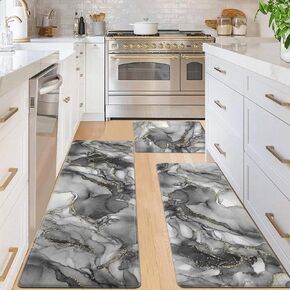 ASPMIZ Marble Kitchen Rugs Sets of 3, Black Kitchen Mats Cushioned Anti Fatigue, Washable Kitchen Rugs Non Slip for Floor Waterproof Kitchen Runner Rug Modern 17" x 30" + 17'' x 47'' + 17'' x 60''