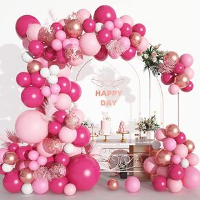 152Pcs Pink Balloon Garland Arch Kit, Hot Pink Metallic Rose Gold Confetti Balloons for Women Birthday Princess Theme Bridal Baby Shower Wedding Day Party Background Decorations