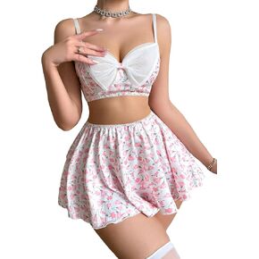 SweatyRocks Women's 2 Piece Lingerie Set Floral Print Bow Front Cami Crop Top with Mini Skirt