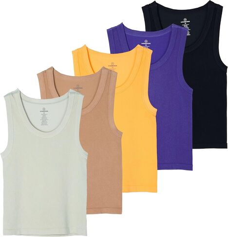 Real Essentials 5 Pack: Women's Seamless Ribbed Sleeveless Cropped Scoop Neck Tank Top - Casual Crop Top in Saudi Arabia