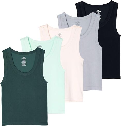 Real Essentials 5 Pack: Women's Seamless Ribbed Sleeveless Cropped Scoop Neck Tank Top - Casual Crop Top in Saudi Arabia