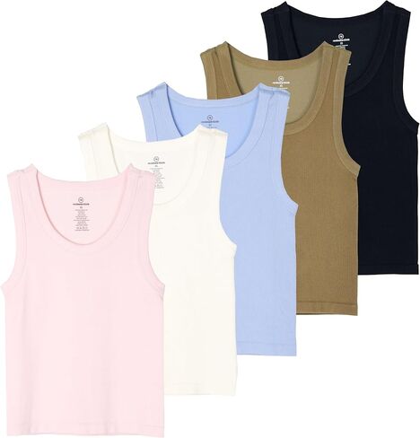 Real Essentials 5 Pack: Women's Seamless Ribbed Sleeveless Cropped Scoop Neck Tank Top - Casual Crop Top in Saudi Arabia