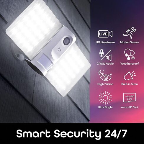 كاميرا أمان Geeni Sentry Wi-Fi لاسلكية ذكية Floodlight، صوت ثنائي الاتجاه، إنذار مستشعر الحركة، تسجيل الصوت والفيديو، تعمل مع Alexa وHey Google in Kuwait