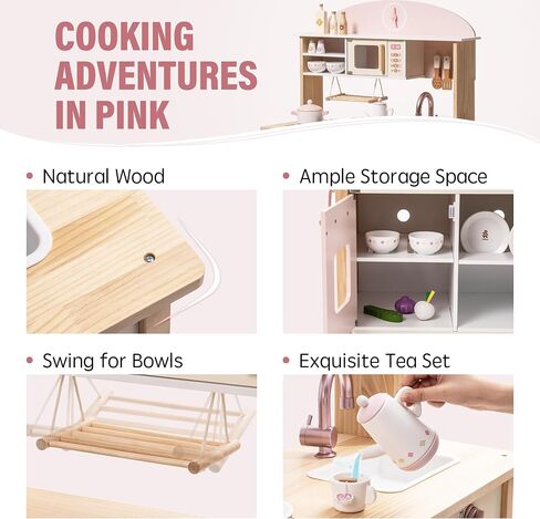 ROBUD Play Kitchen for Kids Toddlers, Wooden Play Kitchen with Realistic Accessories, Toy Kitchen Set with Plenty of Play Features, Modern Style Toy Kitchen for Girls & Boys, Gift for Ages 3+, Pink in Saudi Arabia