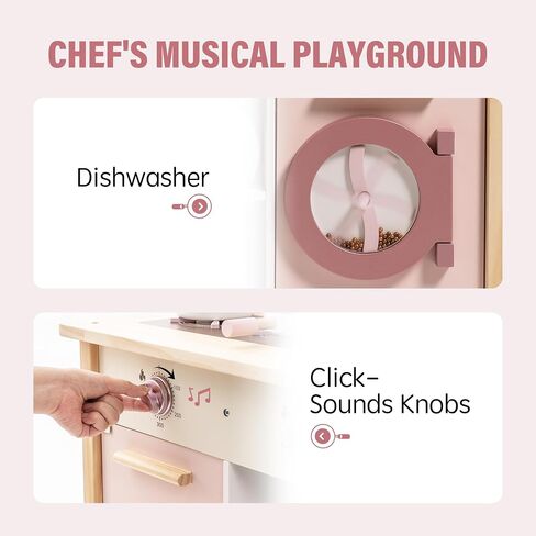 ROBUD Play Kitchen for Kids Toddlers, Wooden Play Kitchen with Realistic Accessories, Toy Kitchen Set with Plenty of Play Features, Modern Style Toy Kitchen for Girls & Boys, Gift for Ages 3+, Pink in Saudi Arabia