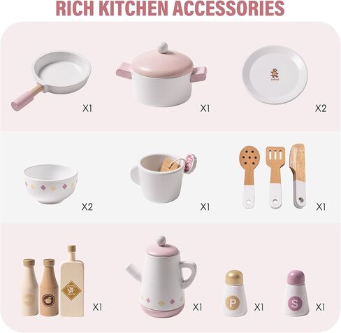 ROBUD Play Kitchen for Kids Toddlers, Wooden Play Kitchen with Realistic Accessories, Toy Kitchen Set with Plenty of Play Features, Modern Style Toy Kitchen for Girls & Boys, Gift for Ages 3+, Pink in Saudi Arabia