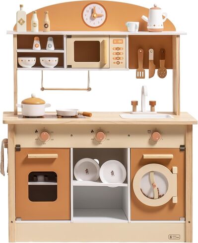 ROBUD Play Kitchen for Kids Toddlers, Wooden Play Kitchen with Realistic Accessories, Toy Kitchen Set with Plenty of Play Features, Modern Style Toy Kitchen for Girls & Boys, Gift for Ages 3+, Pink in Saudi Arabia