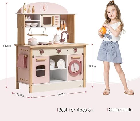 ROBUD Play Kitchen for Kids Toddlers, Wooden Play Kitchen with Realistic Accessories, Toy Kitchen Set with Plenty of Play Features, Modern Style Toy Kitchen for Girls & Boys, Gift for Ages 3+, Pink in Saudi Arabia