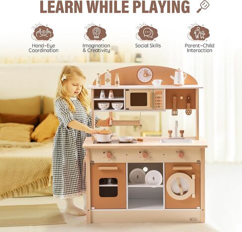 ROBUD Play Kitchen for Kids Toddlers, Wooden Play Kitchen with Realistic Accessories, Toy Kitchen Set with Plenty of Play Features, Modern Style Toy Kitchen for Girls & Boys, Gift for Ages 3+, Pink in Saudi Arabia