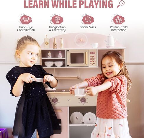 ROBUD Play Kitchen for Kids Toddlers, Wooden Play Kitchen with Realistic Accessories, Toy Kitchen Set with Plenty of Play Features, Modern Style Toy Kitchen for Girls & Boys, Gift for Ages 3+, Pink in Saudi Arabia