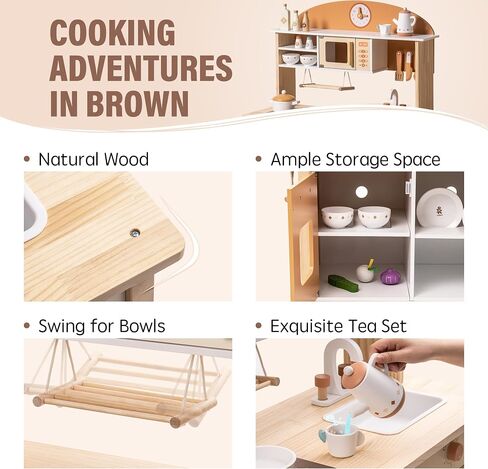 ROBUD Play Kitchen for Kids Toddlers, Wooden Play Kitchen with Realistic Accessories, Toy Kitchen Set with Plenty of Play Features, Modern Style Toy Kitchen for Girls & Boys, Gift for Ages 3+, Pink in Saudi Arabia