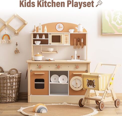 ROBUD Play Kitchen for Kids Toddlers, Wooden Play Kitchen with Realistic Accessories, Toy Kitchen Set with Plenty of Play Features, Modern Style Toy Kitchen for Girls & Boys, Gift for Ages 3+, Pink in Saudi Arabia