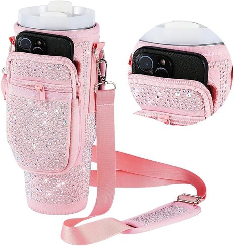 حقيبة حمل زجاجات المياه من جريسورس بلينج لكأس ستانلي 30 أونصة 40 أونصة، حقيبة حامل زجاجة مياه مع حزام كتف قابل للتعديل، جيب للهاتف وغطاء من القش لملحقات كأس ستانلي (وردي) in Kuwait