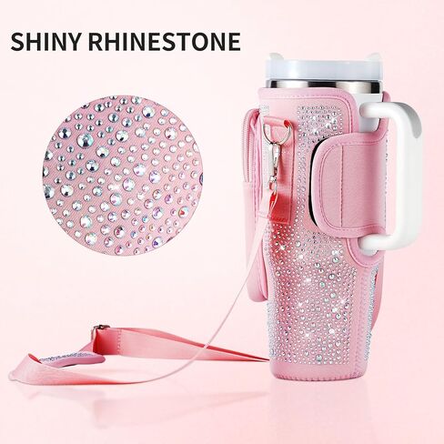 حقيبة حمل زجاجات المياه من جريسورس بلينج لكأس ستانلي 30 أونصة 40 أونصة، حقيبة حامل زجاجة مياه مع حزام كتف قابل للتعديل، جيب للهاتف وغطاء من القش لملحقات كأس ستانلي (وردي) in Kuwait