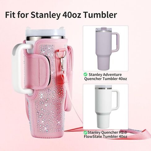 حقيبة حمل زجاجات المياه من جريسورس بلينج لكأس ستانلي 30 أونصة 40 أونصة، حقيبة حامل زجاجة مياه مع حزام كتف قابل للتعديل، جيب للهاتف وغطاء من القش لملحقات كأس ستانلي (وردي) in Kuwait