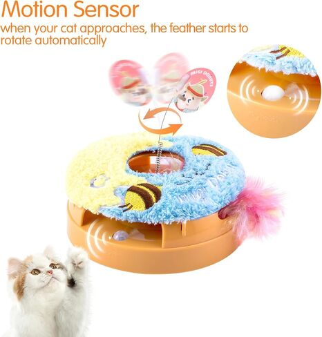 Migipaws Interactive Cat Toys, Automatic Frenzy Donut cat Toy with Moving Feather,Catnip, Squeaking for Indoor Cats Rechargeable (Honey)… in Saudi Arabia