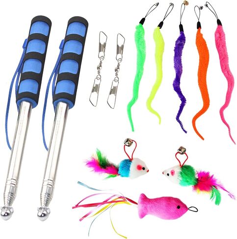 YODFLY 8pcs Replacement Teaser with Bell and 2pcs Retractable Cat Toys Wand(Blue),Cat Feather Toys for Indoor Cats and Outdoor Cats. in Saudi Arabia