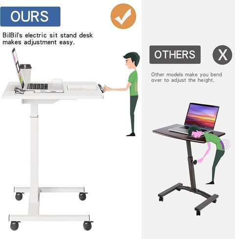bilbil Electric Standing Desks with Lockable Wheels, 32 * 24 inch Height Adjustable Sit to Stand Desk, Overbed Laptop Table Desk, Mobile Rolling Desk, Portable Work Table for Home & Office, Black in Saudi Arabia