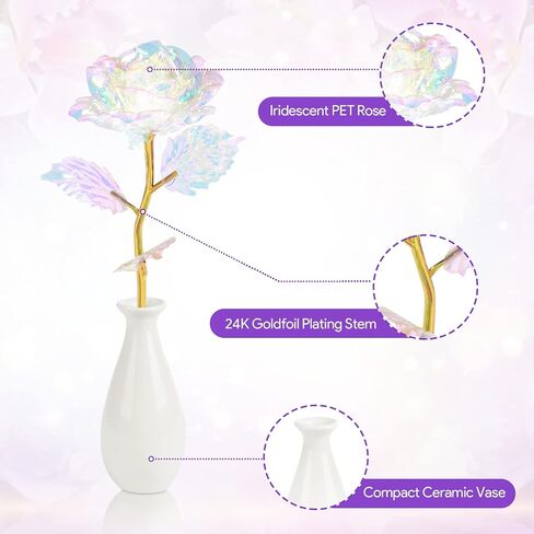 Rainbow Artificial Rose Flower Gifts for Mom with Gold Foil Stem&Ceramic Vase for Mother‘s Day for Her, Girlfriend, Rose Gifts for Women, Wife , Unique Gifts for Birthday Anniversary Mother's Day in Saudi Arabia