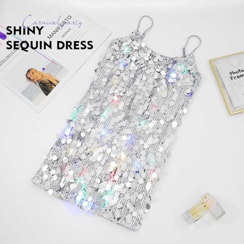 Evivin Light Up Bodycon الترتر فستان فضي سباركلي فستان قصير بريق السباغيتي حزام فساتين ملابس الحفلات الهذيان نادي زي للنساء in Kuwait