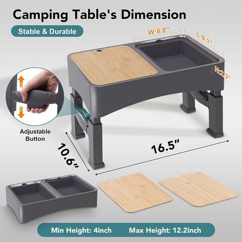 HIKEOUT Small Folding Camping Table Portable, Adjustable Height Mini Camping Table with Two Storage Bowl, Lightweight Beach Table for Outdoor, Cooking, Picnic, Grill, Camp, Fishing, Travel in Saudi Arabia
