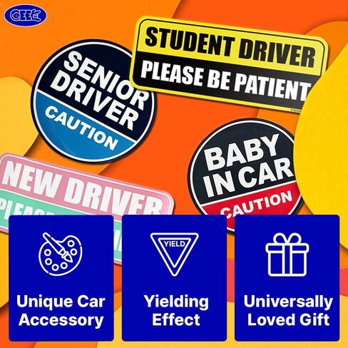 GEEKBEAR Senior Driver Car Magnet - Colorful, Reflective, Weather-Resistant - Circular 4.7 x 4.7 in (Yellow/Black, 3 Pack) in Saudi Arabia