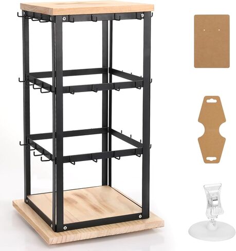 منظم حامل القرط من JuneHeart، حامل عرض القرط المعدني مع قاعدة خشبية 48 خطافًا منظم القرط للقلائد والأقراط وعرض المجوهرات القابلة للدوران للنساء والفتيات والبائعين in Kuwait